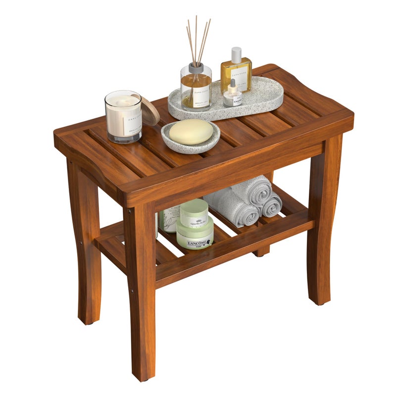 Teak Wood Shower Bench Stool with Storage Shelf Wooden Waterproof Bathroom Spa Bathing Teak Shower Stool with NonSlip Feet Gadget 2024 for Indoor or Outdoor Shower Chair Seat Organizer